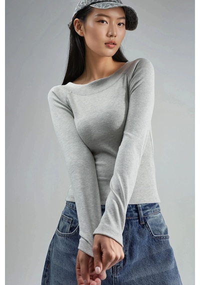 Hiccup Busem Slim Fit Fitilli Kayık Yaka Bluz Açık Gri