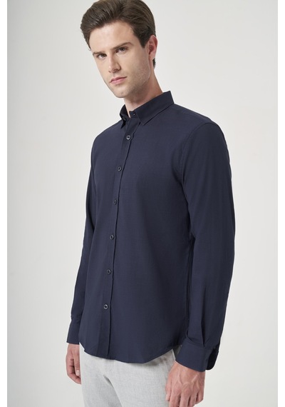 İmza Lacivert Biritli Yaka Uzun Kol Cepsiz Slim Fit Pamuklu Gömlek 1004260207