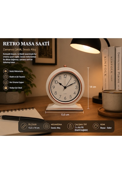 Retro Tasarım Sessiz Mekanizmalı Masa Saati Dekoratif Ve Şık Görünüm Beyaz-rose
