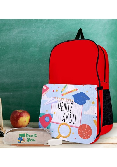 Bk Gift Kişiye Özel İsimli Kırmızı Okul Çantası Ve Kalemlik Hediye Seti-5