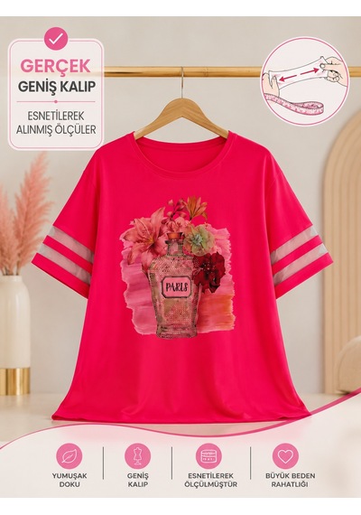 Büyük Beden Çiçek Desenli Taş Boncuk Baskılı Bisiklet Yaka Kolları Tül Detaylı Neon Renkli Kadın Bluz Pembe Büyük Beden Çiçek Desenli Taş Boncuk Baskılı Bisiklet Yaka Kolları Tül Detaylı Neon Renkli Kadın Bluz Pembe