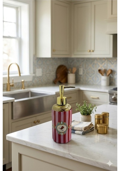Kuş Motifli Gold Detaylı Çizgili Porselen Sıvı Sabunluk + Bulaşık Süngeri + Süngerlik Seti 500 Ml 20 X 15 X 7 Cm Kırmızı - Pembe - Gold
