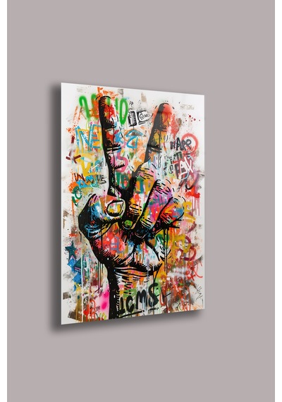 Barış İşareti 4mm Cam Tablo Renkli Pop Art Uv Baskı Beyaz