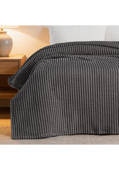 Maxstyle Çizgili Vizon Çift Kişilik Polar Battaniye Koyu Gri 200x220 Cm Renkli