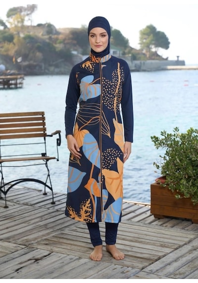 Estiva 25981 Siyah Dijital Desenli Tam Boy Lycralı Tesettür Mayo Lacivert