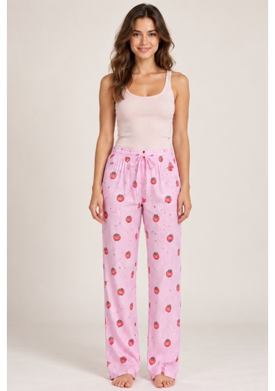 Womanandkids Night Pembe Kadın Çizgili Bluz Desenli Askılı Pijama Takımı
