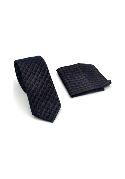 Gaffy Lacivert Küp Desenli Kahverengi Dokuma Kumaş Mendilli Slim Fit Kravat // Sdk-2605-7 Kahverengi