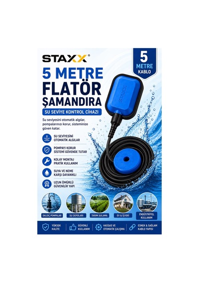 Staxx Stxflt5 5 Metre Flatör Şamandıra Su Seviye Kontrol Cihazı Dalgıç Pompa Ve Hidrofor Uyum Şalter