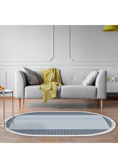 Dijital Kaymaz Yıkanabilir Banyo Mutfak Salon Paspas Halısı Trend Saçaklı Oval Al4023 Indigo