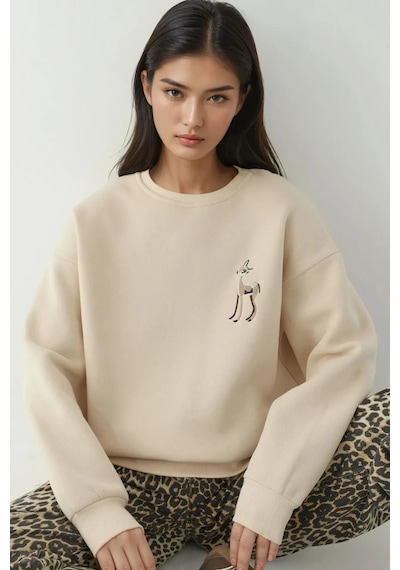Hiccup Rahat Hayvan Nakışlı Şardonlu Bisiklet Yaka Hoodie Natural