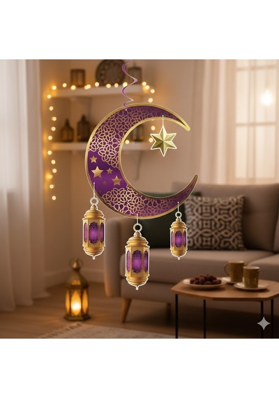 90x30 Cm Ramazan Süs Sarkıt - Ayyıldız Kandil Tavan Süsü Mor