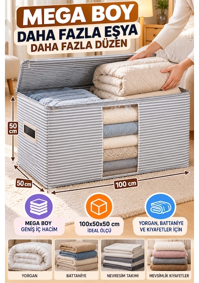 Gri Çizgili Mega Boy Pencereli Hurç 100x50x50 Cm Yorgan Battaniye Kıyafet Saklama Düzenleyici Hurç
