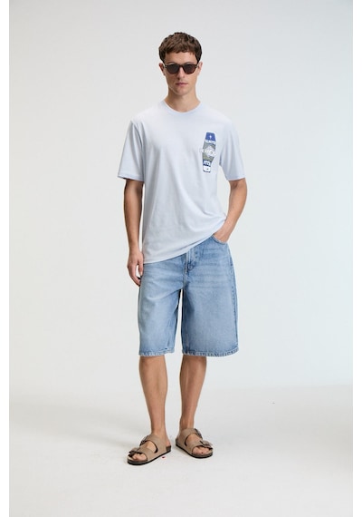 Grımelange SAVOR Erkek Oversize %100 Pamuk Baskılı Yuvarlak Yaka Mavi T-Shirt