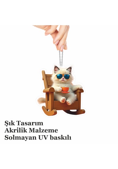 Araba Ayna Süsü, Araba Süsü, Çanta Aksesuarı - Keyifli Kedi - Pleksi Malzeme, Uv Baskılı - 008 8x6 Cm
