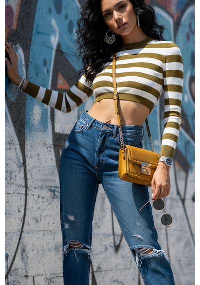 Fashion Cocktail Çizgili Şeritli Sırtı Ayarlanabilir Deri Kemerli Kollu Likralı Esnek Krop Büstiyer Zeytin Yeşili Siyah Fashion Cocktail Çizgili Şeritli Sırtı Ayarlanabilir Deri Kemerli Kollu Likralı Esnek Krop Büstiyer Zeytin Yeşili Siyah