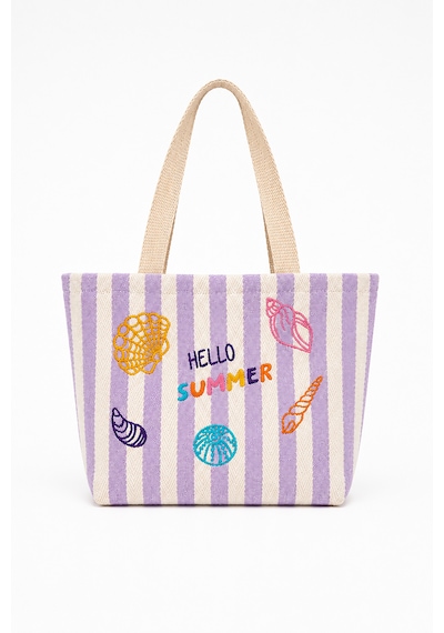 İcone Bag Çocuk Plaj Çantası, Nakışlı Çizgili Kız Plaj Çantası, Kids Beach Bag, Lila Çizgili Çocuk Plaj Çantası