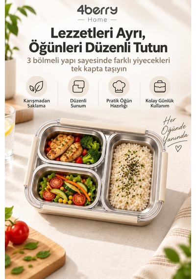 4berry Home 740 Ml 3 Bölmeli 304 Paslanmaz Çelik Termos Yemek Kabı Sızdırmaz Kapaklı, Isı Korumalı Beslenme Kutusu Krem-bej
