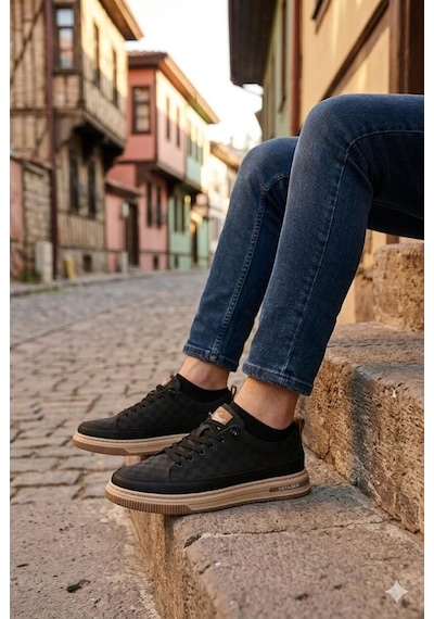 Pepita E385 Rahat Hafif Keten Özel Tasarım Spor Sneaker Erkek Ayakkabı Siyah