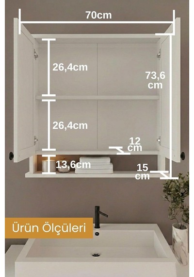 Ad-3 Raflı Banyo Dolabı, 2 Kapaklı Lavabo Üstü Aynalı Banyo Dolabı - Beyaz Çok Renkli