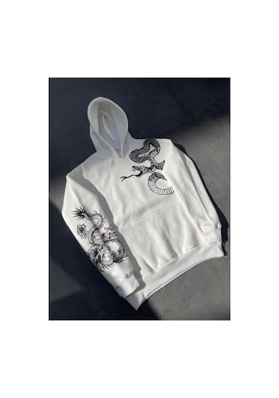 Butik İstanbul Uzun Kol Kapşonlu Baskılı Sweatshirt - Beyaz