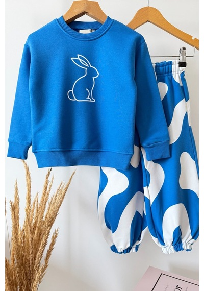 Monila Kız Çocuk 3 İplik Pamuklu Mavi Tavşan Baskılı Sweatshirt Ve Baskılı Altlı Alt Üst Takım Monila Kız Çocuk 3 İplik Pamuklu Mavi Tavşan Baskılı Sweatshirt Ve Baskılı Altlı Alt Üst Takım