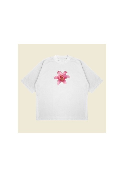 Tarzsokak Lillium Baskılı Oversize Unisex Pamuklu Nefes Alan Kalın Kumaşlı Beyaz