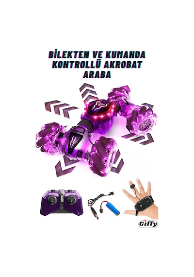 Oyuncak Uzaktan Ve Bilek Kumandalı Şarjlı Led Işıklı Full Fonksiyon Akrobat Drift Aracı Mor