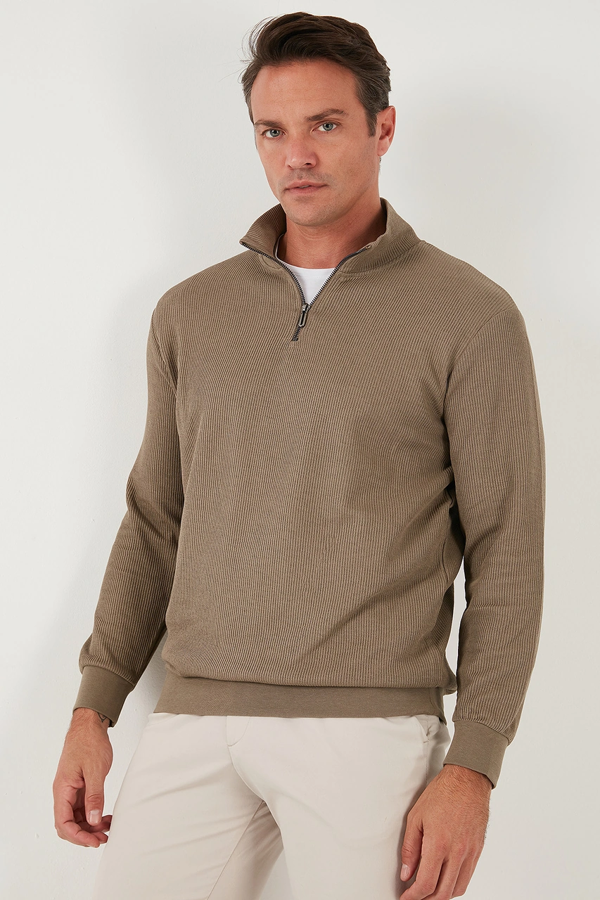 Buratti Pamuklu Regular Fit Yarım Fermuarlı Dik Yaka 2'Li Paket Erkek Sweat 5905716S2 Koyu Vizon-Vişne