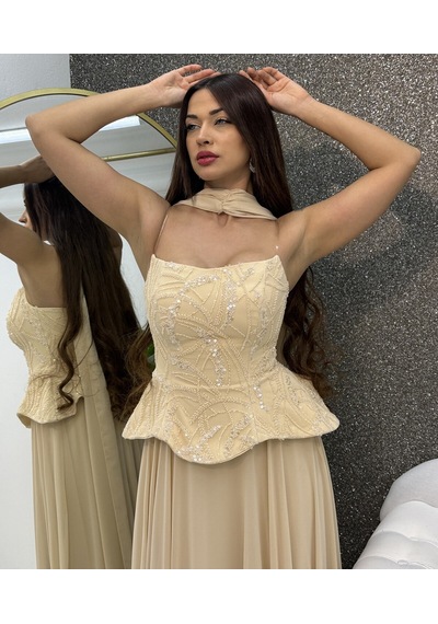 E&a Eren Abiye Straplez Boncuk Islemelı Sıfon Elbıse Bej