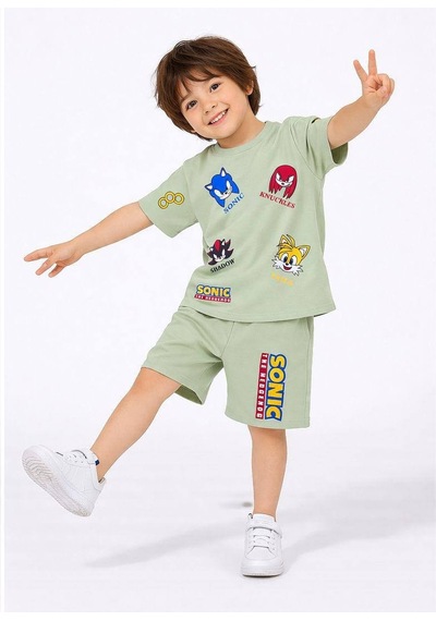 Miniko Kids Erkek Çocuk Sonic Modelli Pamuk Şortlu Takım Yeşil