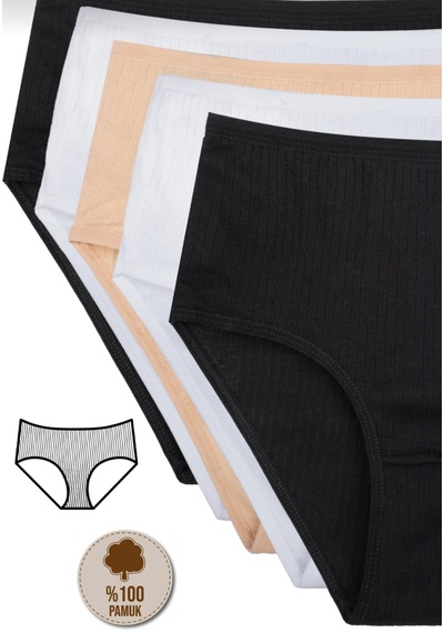 Qulothes Kadın Fitilli Ribana Pamuklu Külot / Kaşkorse Pamuklu Külot 5'li Paket Çok Renkli