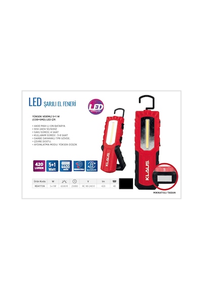 Klaus Şarjlı Led El Feneri 420 Lumen 4400 Mah 5+1 Watt Çok Renkli