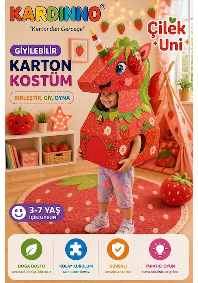 Kardinno Çilek Uni Eğitici Oyuncak Karton Giyilebilir Çocuk Kostümü Etkinlik Parti Kostümü Kırmızı