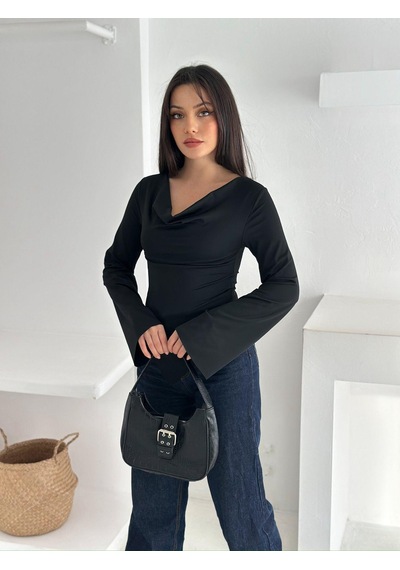 Ckm Moda Drapeli Uzun Kollu Bluz Siyah