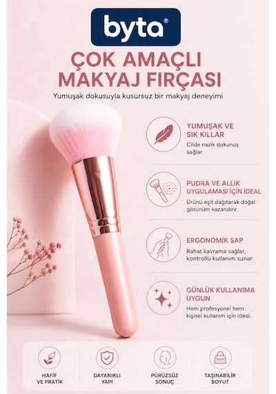 Çok Amaçlı Makyaj Fırçası Yumuşak Kıllı Pudra, Allık Ve Yüz Makyaj Fırçası Pembe