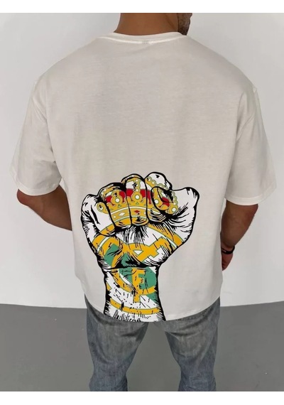 Modi Unisex Bisiklet Yaka Baskılı Oversize T-shirt - Beyaz - Mymg104358