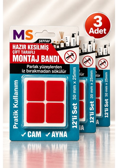 3 Adet Ultra Güçlü Hazır Kesilmiş Çift Taraflı Montaj Bandı 12'li Şeffaf Bantı 30 Mm X 25 Mm Bantları