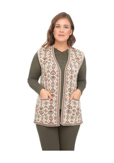 Kadın Etnik Model Triko Örgü Kilim Yelek 1070-krem Rengi Krem