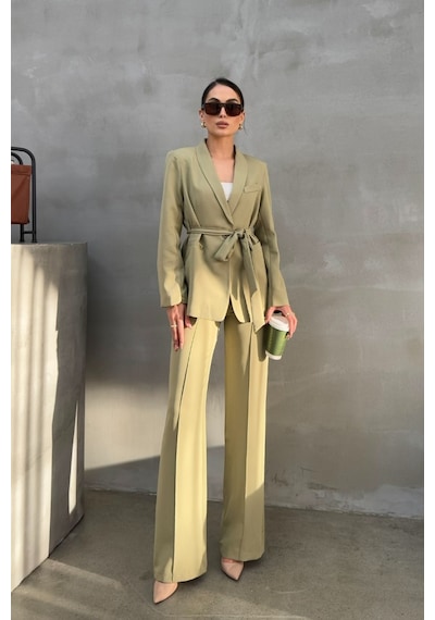 Msm Fashion Kadın İkili Kuşaklı Blazer Ceket Pantolon Takım Açık Haki