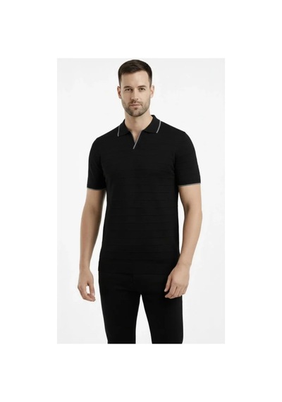 Butik İstanbul Erkek Triko Kumaş Yakalı Düğmesiz Açık Yaka Fitilli Kısa Kollu Regular Fit Tişört T-shirt - Siyah