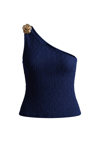 Cottonhıll Premium - Tide Collection Lacivert Tek Omuz Çiçek Aksesuarlı Bürümcük Dokulu Kadın Crop Bluz
