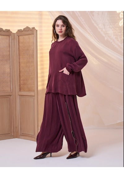 Misswhence İçi Pantolonlu Cupra İpek Tunik Şalvar Takım 39004 Bordo Bordo