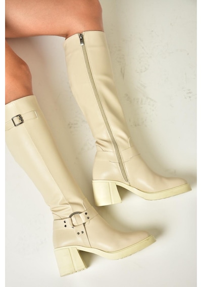 Fox Shoes T282832009 Bej Kalın Topuklu Kadın Çizme Bej