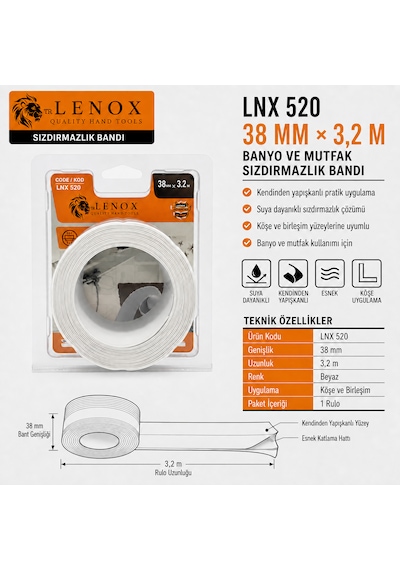 Lenox Lnx 520 Banyo Ve Mutfak Sızdırmazlık Bandı 38 Mm X 3,2 M, Beyaz, Kendinden Yapışkanlı