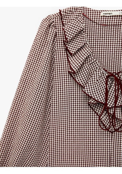 Koton Pamuklu Uzun Balon Kollu Bağlama Detaylı Fırfırlı V Bebe Yaka Pötikareli Bluz Bordo Desenli 6sak60200pw Bordo