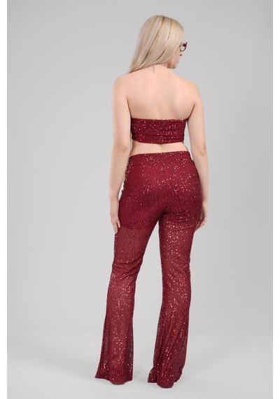 Mayrem Pul Payet Straplez Crop & İspanyol Paça Set Takım Bordo