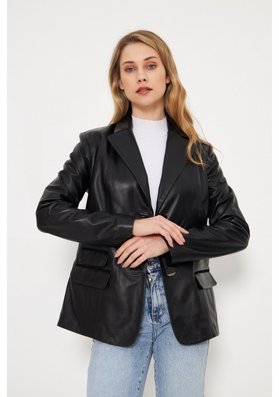 M M Marki Marki Kadın Hakiki Deri Blazer Ceket - Siyah, Düğme Kapamalı, Fit Kesim, 67 Cm - 116722