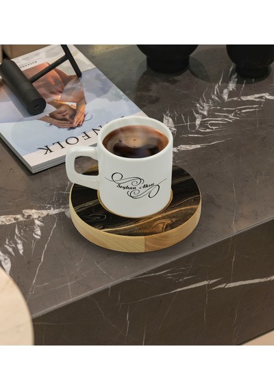 Kişiye Özel Mermer Tasarımlı Doğal Ahşap Tabaklı Türk Kahvesi Fincanı Model 7