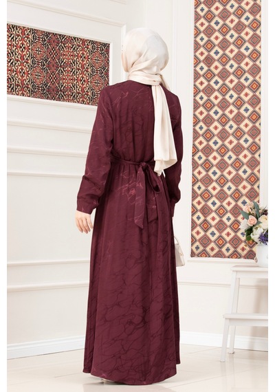 Sevitli Beli Bağlamalı Jakar Abiye Elbise-bordo-5721