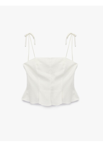 Koton Slim Fit Hafif Peplum Kesim Pileli İp Askılı Crop Keten Bluz Beyaz 6sal60253ıw
